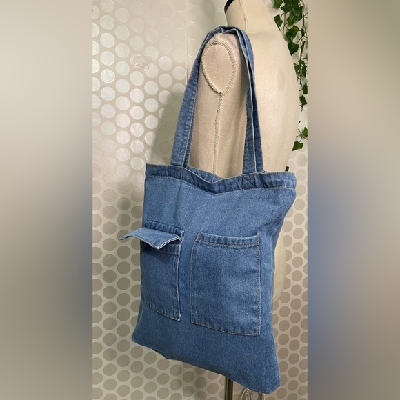 NWT unisex denim shoulder bag. pockets/zip, multipurpose bag, reusable. 100%cott - Picture 12 of 17